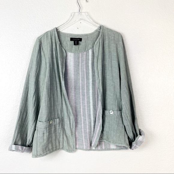 Tahari Linen Blend Striped Lined Open Front Jacket Size L - Picture 2 of 6